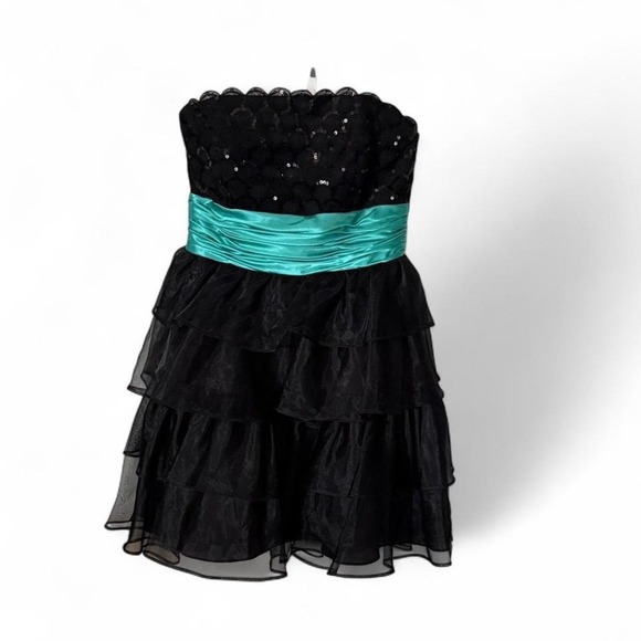 David's Bridal Black Teal Strapless Tiered Ruffle Sequin Dress Size 12 - Picture 1 of 7